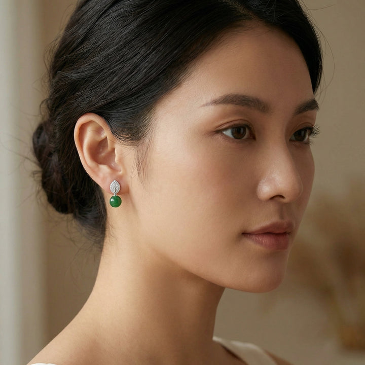 925 Sterling Silver Elegant Green Jade Bead Drop Earrings with Diamond-Set Leaf Accents