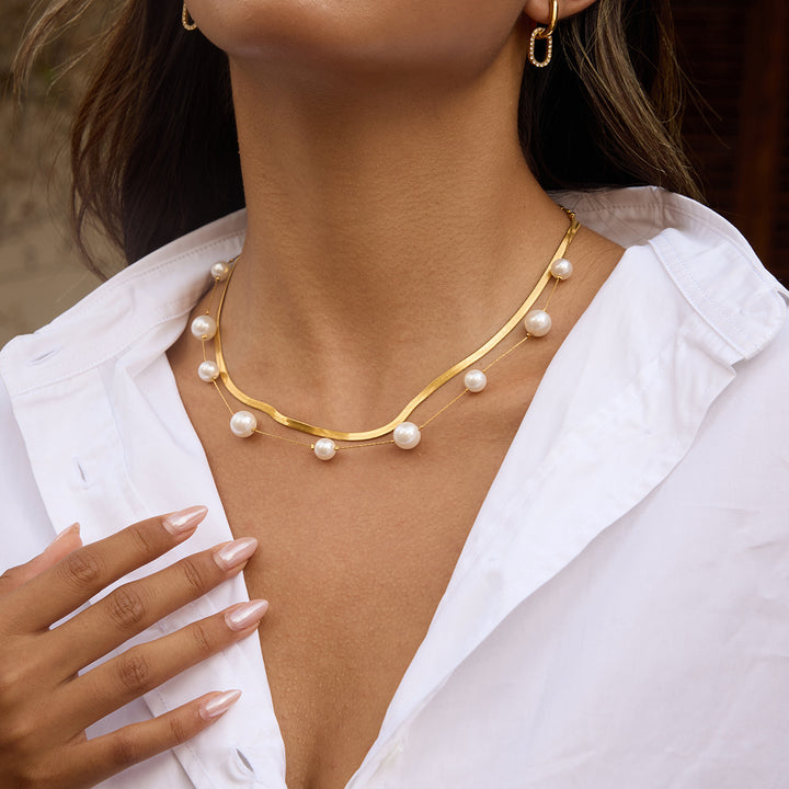 Elegant 18K Gold Stainless Steel Glass Pearl Necklace – Geometric Casual Jewelry for Women
