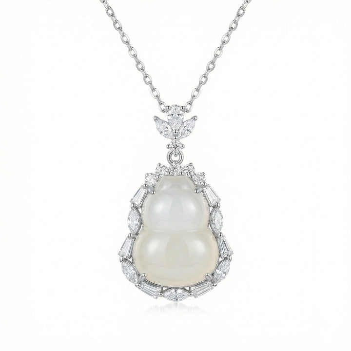 925 Sterling Silver White Jade Hulu Pendant Necklace with Mixed-Cut Diamond Halo & Leaf Bail