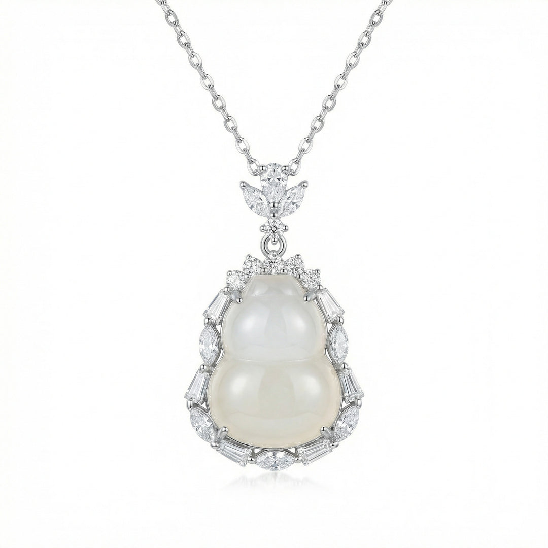 925 Sterling Silver White Jade Hulu Pendant Necklace with Mixed-Cut Diamond Halo & Leaf Bail