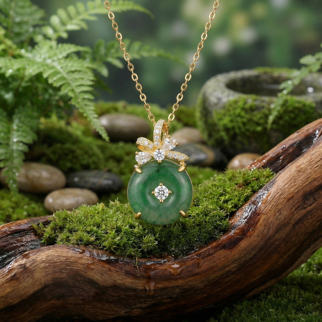 ✨ 925 Sterling Silver Exquisite Green Jade Circle Pendant Necklace with Diamond Bow Accents ✨