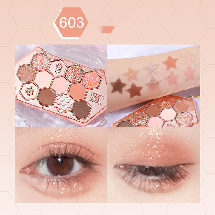 ✨ Honeycomb Diamond 3-Color Eyeshadow Palette – Honey Tea Brown Matte & Glitter Set ✨