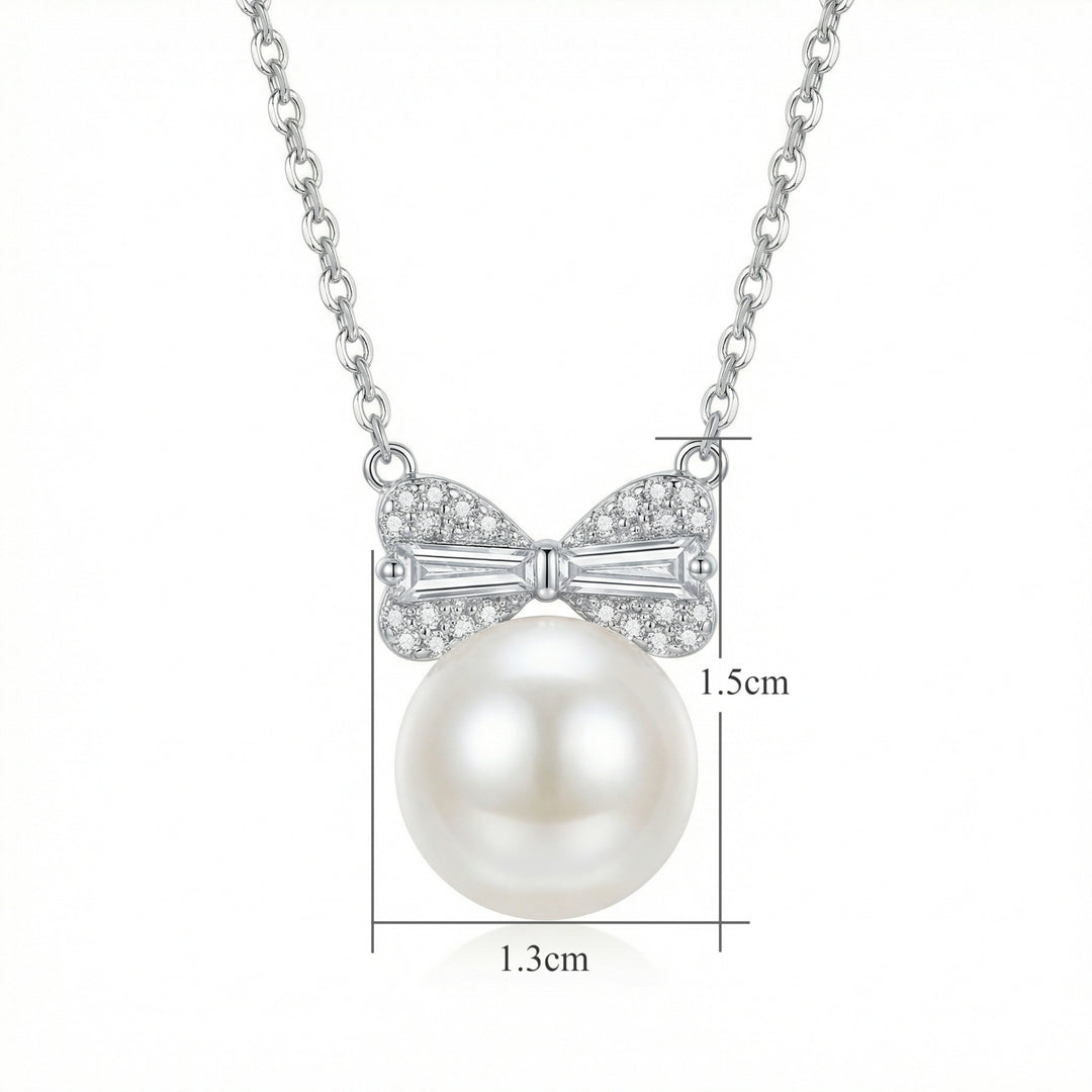🎀 925 Sterling Silver Elegant Pearl Bow Pendant Necklace with Shimmering Diamonds 🎀