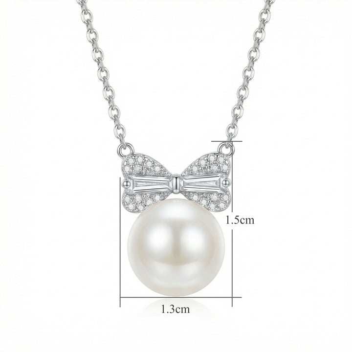 🎀 925 Sterling Silver Elegant Pearl Bow Pendant Necklace with Shimmering Diamonds 🎀