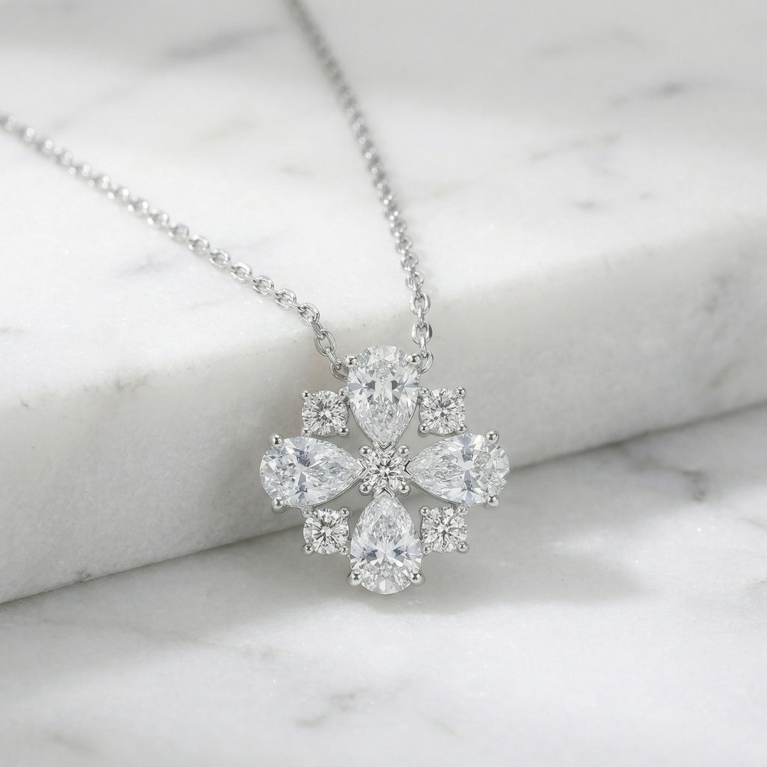 ✨ 925 Sterling Silver Floral Cluster Diamond Pendant Necklace ✨