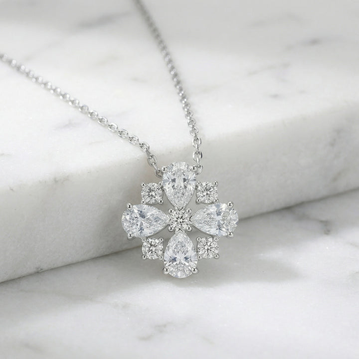 ✨ 925 Sterling Silver Floral Cluster Diamond Pendant Necklace ✨