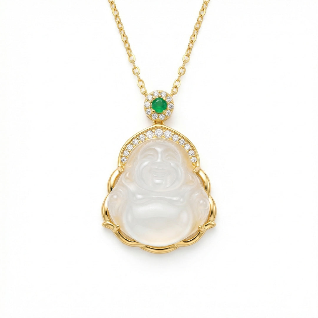 ✨ 925 Sterling Silver Elegant Carved White Jadeite Buddha Necklace with Emerald and Sparkling Gemstone Accents ✨