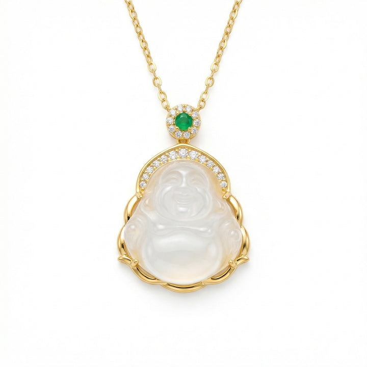 ✨ 925 Sterling Silver Elegant Carved White Jadeite Buddha Necklace with Emerald and Sparkling Gemstone Accents ✨