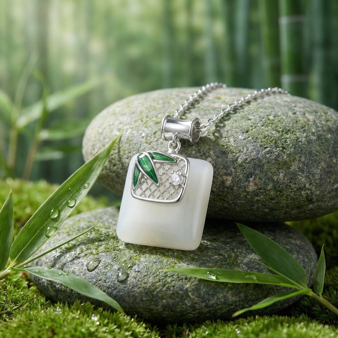 925 Sterling Silver Bamboo Pendant Necklace – Square White Gemstone with Sparkling Accent