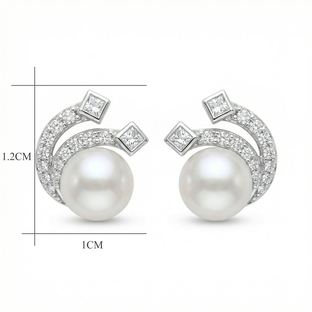 ✨ 925 Sterling Silver White Pearl Wave Stud Earrings with Princess-Cut & Pavé Accents ✨