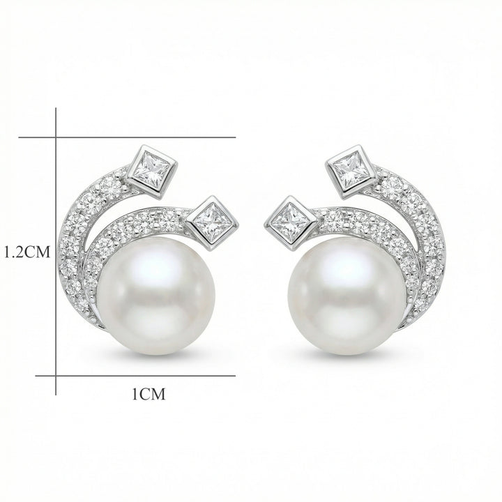 ✨ 925 Sterling Silver White Pearl Wave Stud Earrings with Princess-Cut & Pavé Accents ✨