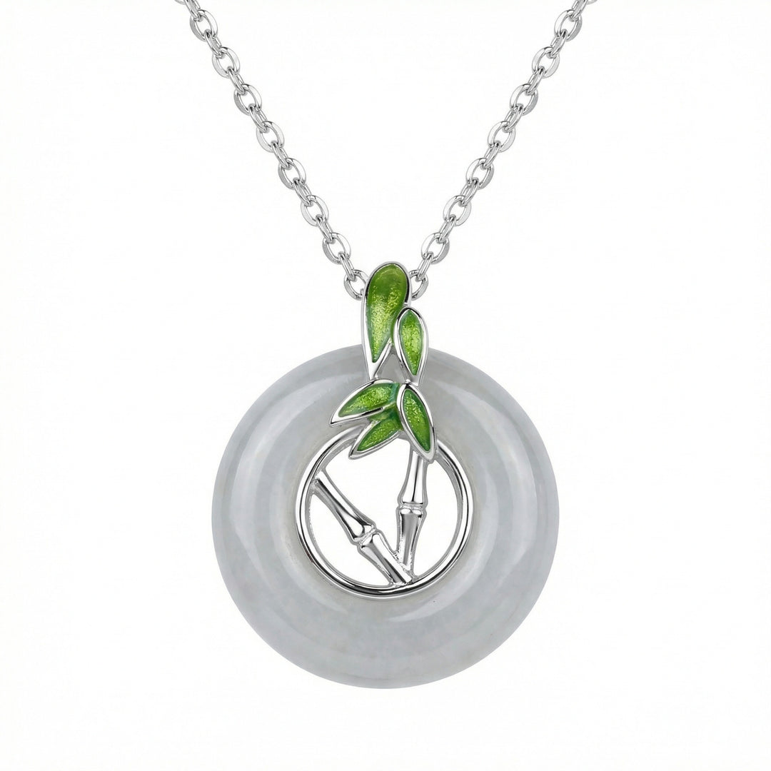 925 Sterling Silver Elegant White Jade Donut Pendant Necklace with Silver Bamboo and Green Enamel Accents