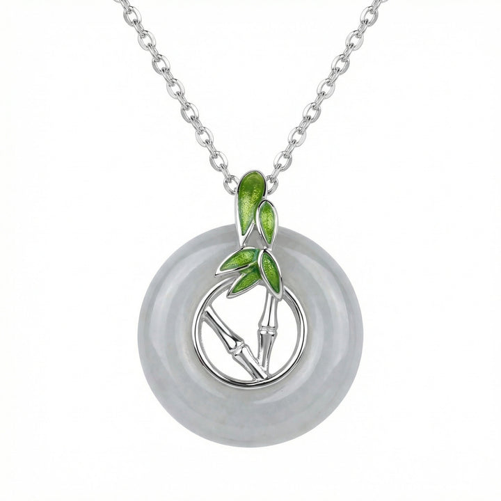 925 Sterling Silver Elegant White Jade Donut Pendant Necklace with Silver Bamboo and Green Enamel Accents