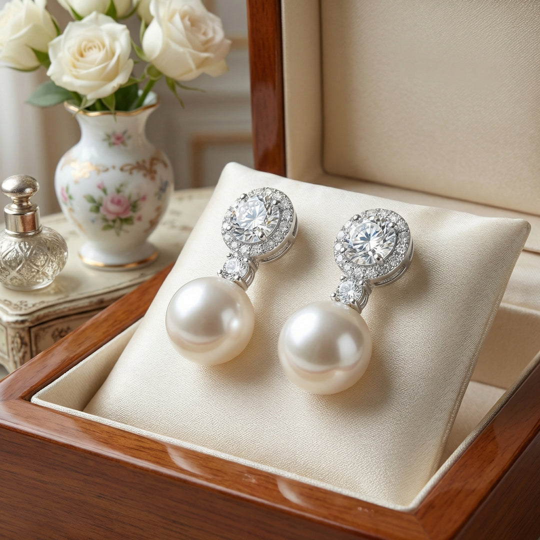 925 Sterling Silver Round Diamond Halo and White Pearl Drop Earrings