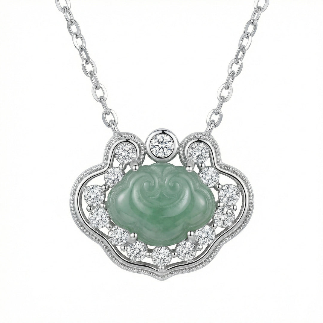 925 Sterling Silver Elegant Green Jade Ruyi Pendant Necklace with Shimmering Stone Accents