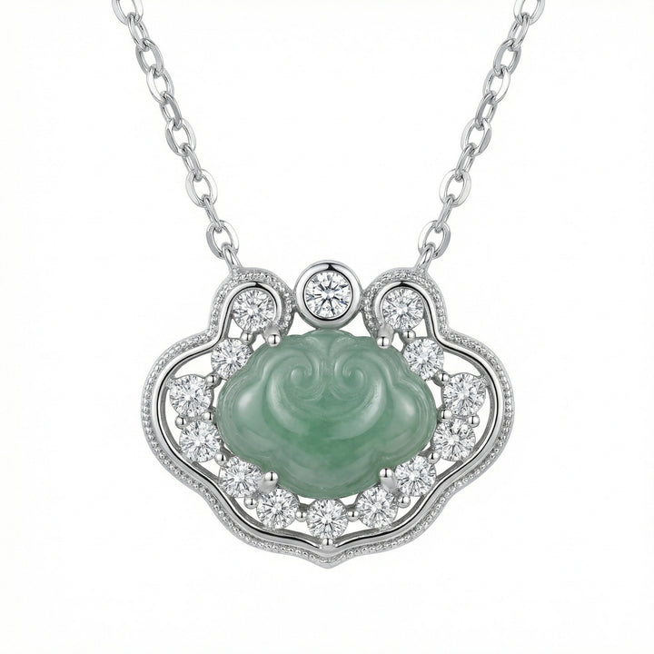 925 Sterling Silver Elegant Green Jade Ruyi Pendant Necklace with Shimmering Stone Accents