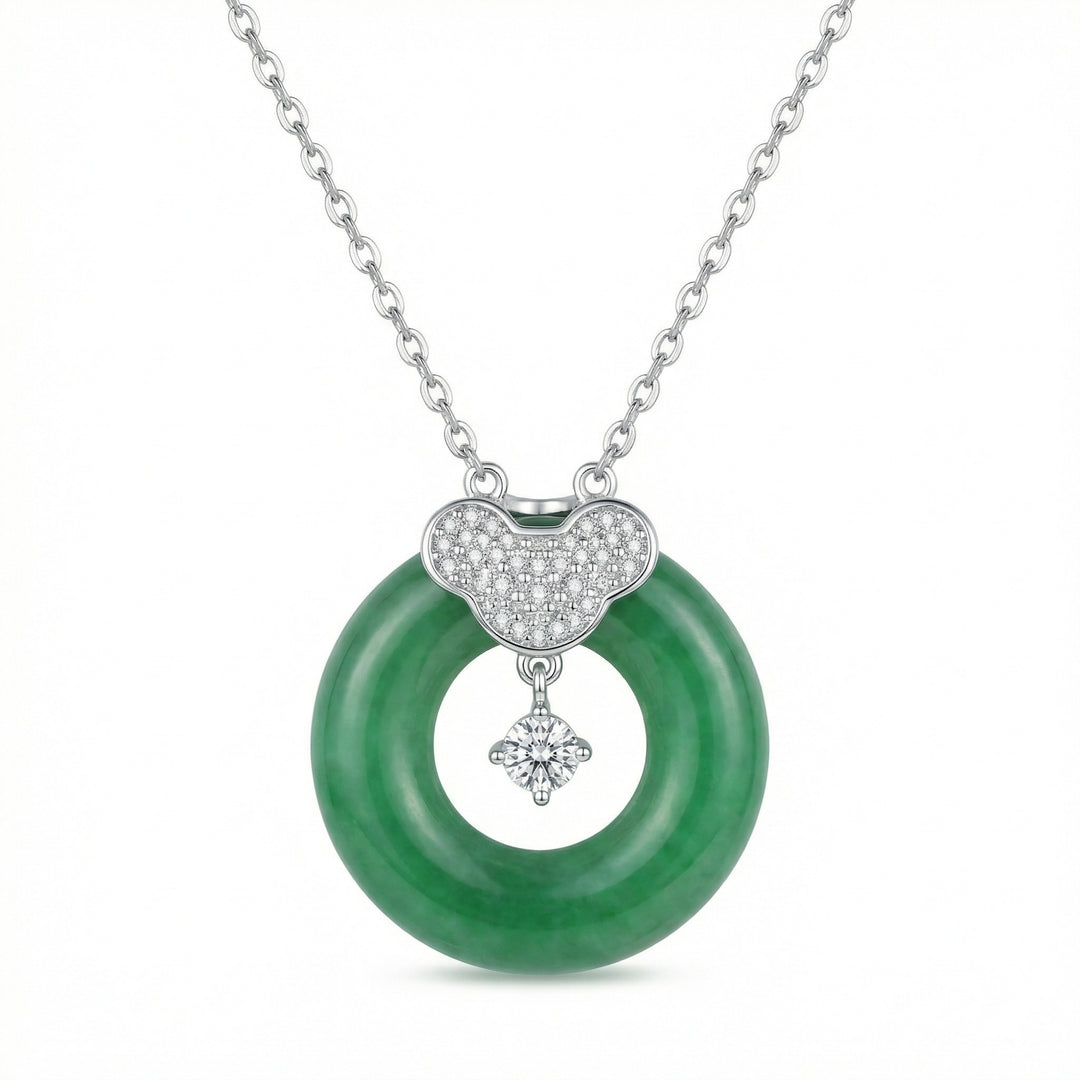 925 Sterling Silver Elegant Green Jade Donut Pendant Necklace with Sparkling Crystal Accents