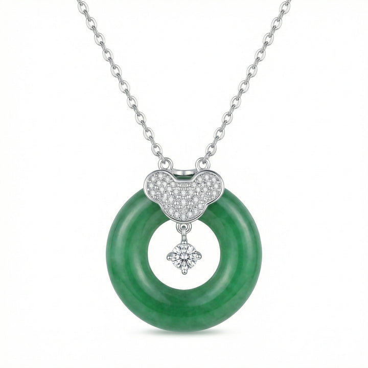 925 Sterling Silver Elegant Green Jade Donut Pendant Necklace with Sparkling Crystal Accents