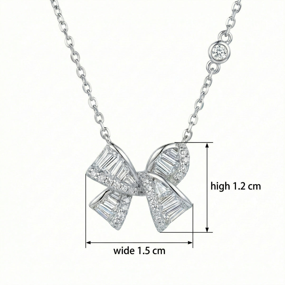 🎀 925 Sterling Silver Elegant Baguette & Round Diamond Ribbon Bow Pendant Necklace 🎀