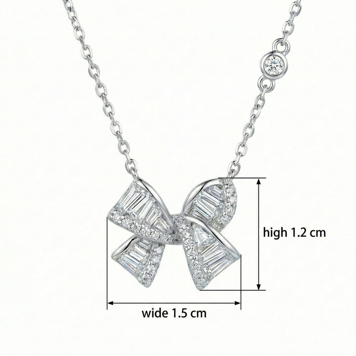 🎀 925 Sterling Silver Elegant Baguette & Round Diamond Ribbon Bow Pendant Necklace 🎀