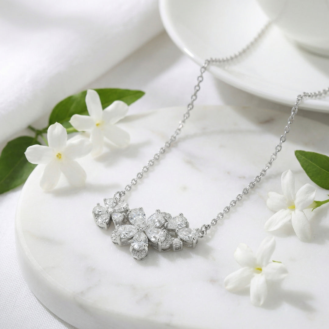 ✨ 925 Sterling Silver Floral Diamond Cluster Necklace