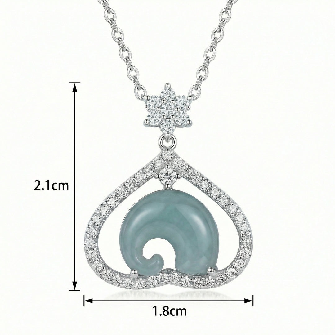 925 Sterling Silver Heart Necklace – Curved Blue Jadeite Pendant with Sparkling Accents
