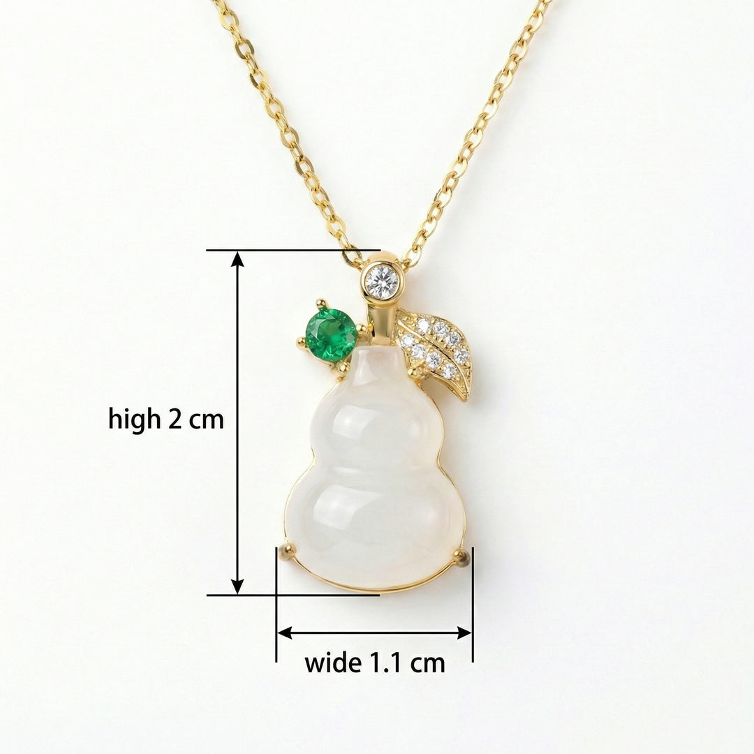 ✨ 925 Sterling Silver Elegant White Jade Gourd Pendant Necklace with Emerald & Diamond Leaf Accents ✨