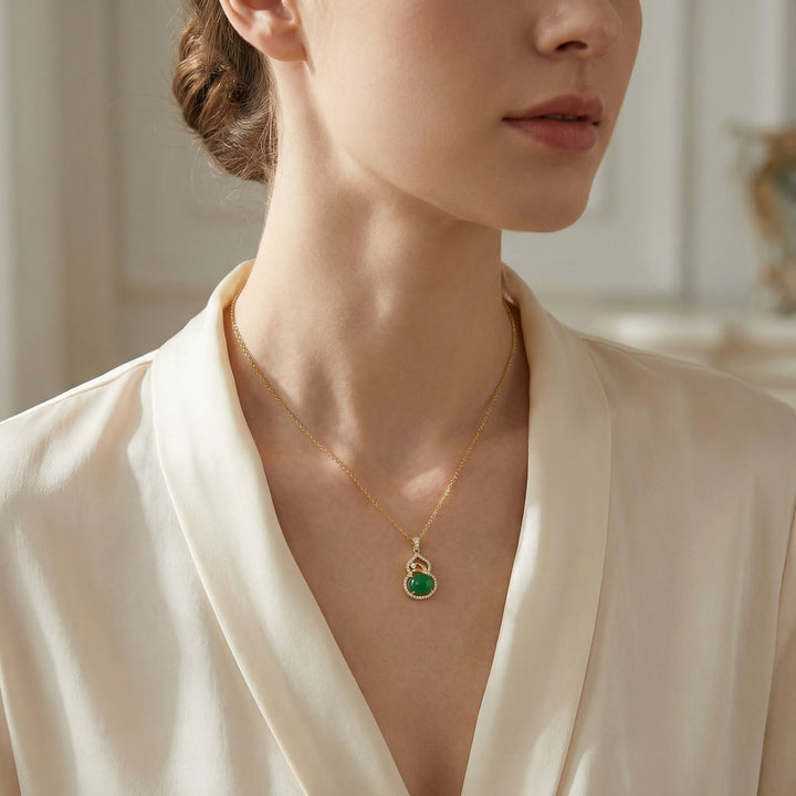 ✨ 925 Sterling Silver Elegant Jadeite Gourd Necklace with Diamond Accents & Auspicious Coin Motifs ✨