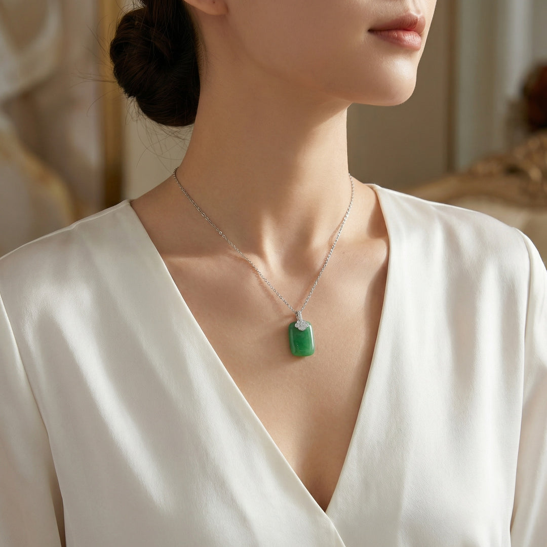 925 Sterling Silver Elegant Green Jadeite Rectangle Pendant Necklace with Sparkling Diamond Accents