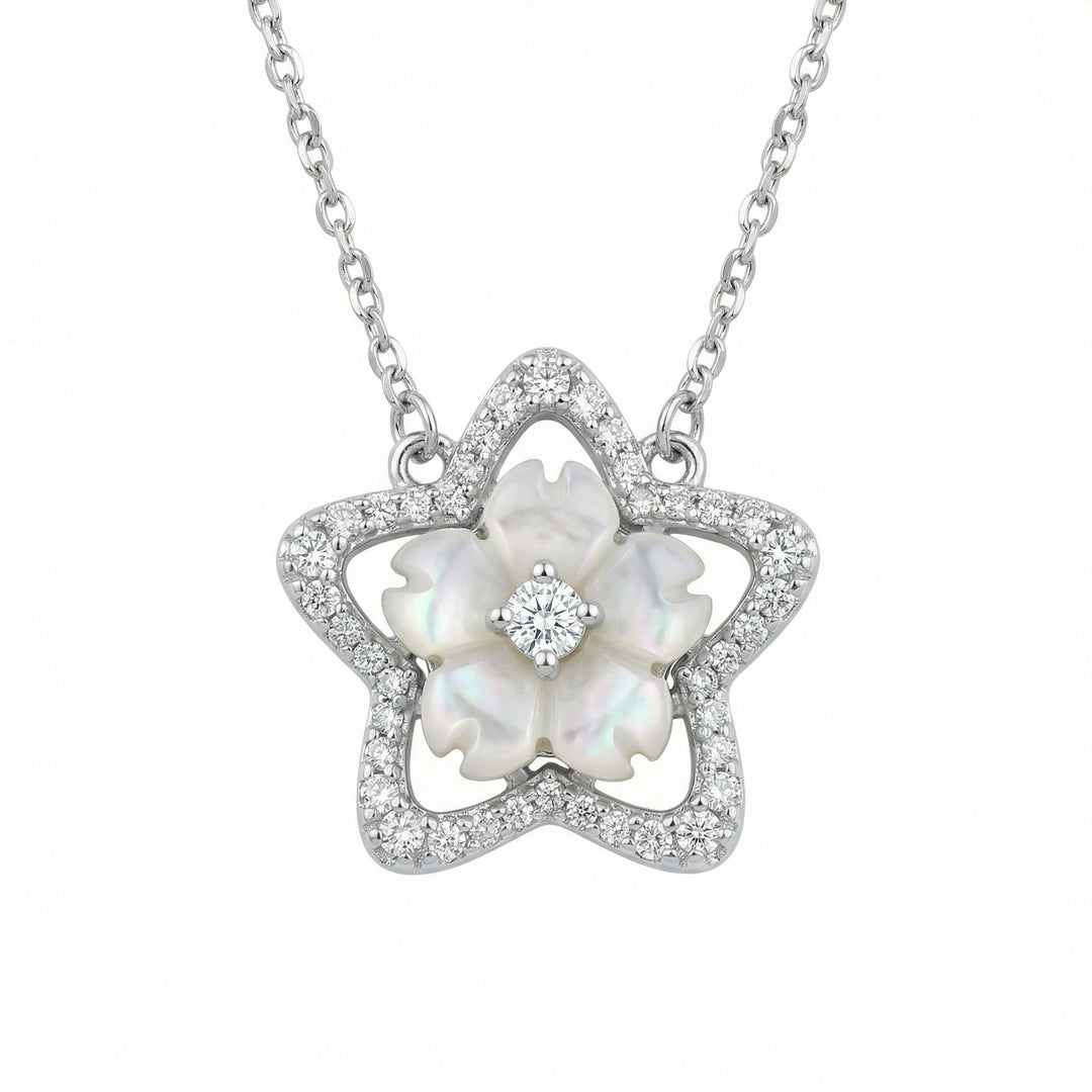 925 Sterling Silver Mother-of-Pearl Sakura Flower Necklace with Diamond Star Frame Pendant