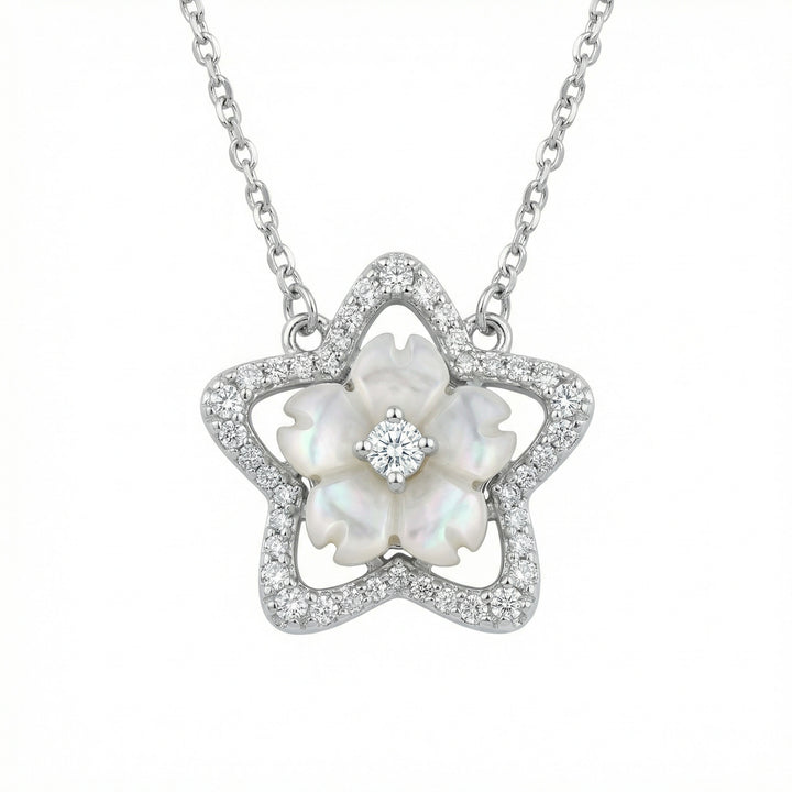 925 Sterling Silver Mother-of-Pearl Sakura Flower Necklace with Diamond Star Frame Pendant