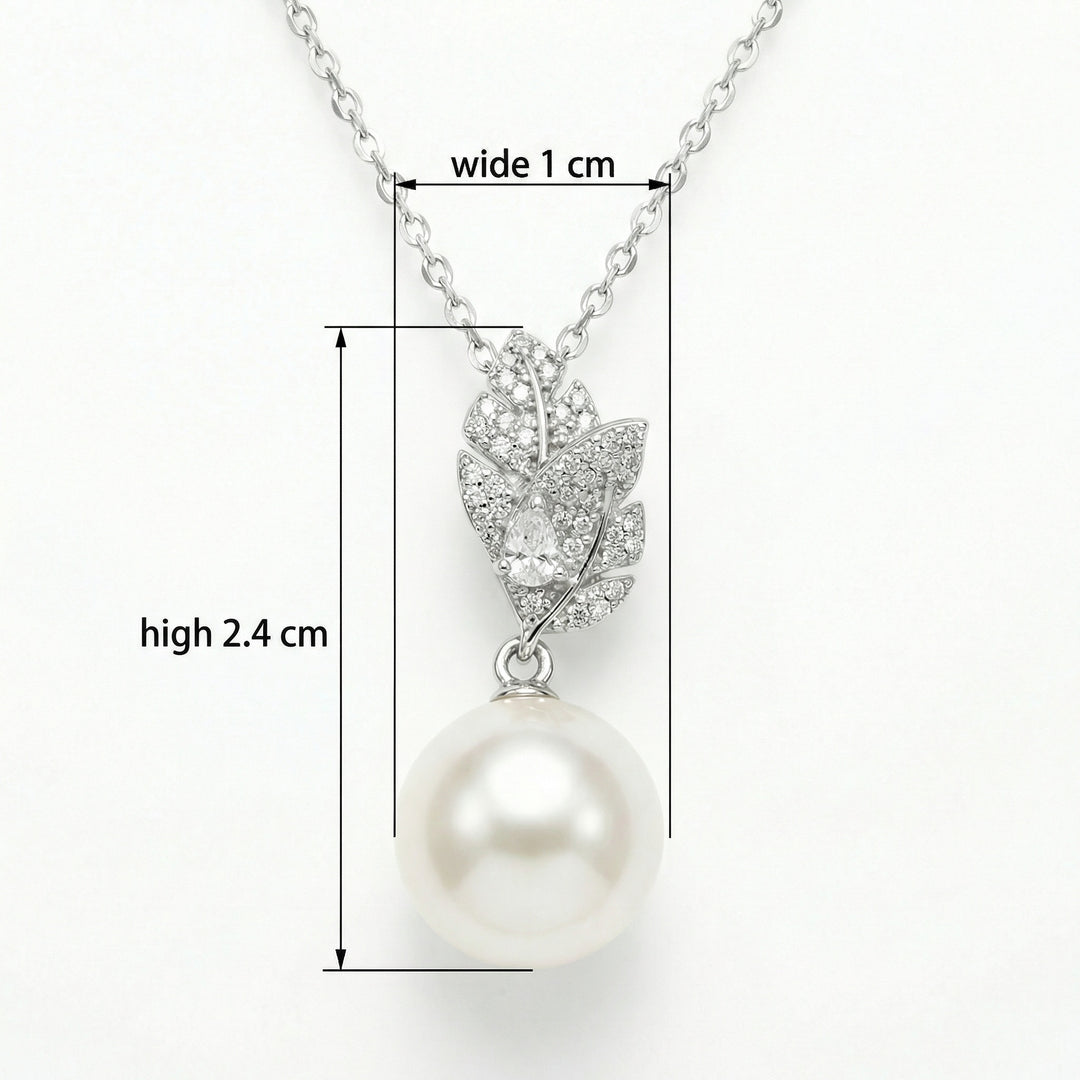 🌿 925 Sterling Silver Elegant Pearl & Diamond Leaf Motif Pendant Necklace 🌿