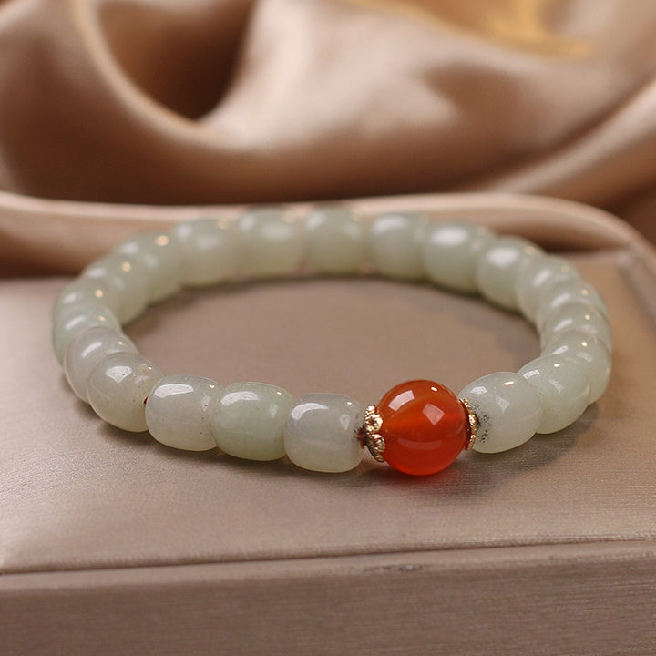 Ethnic Style Lucky Hetian Jade Barrel Bead Bracelet – Women's Green Charm