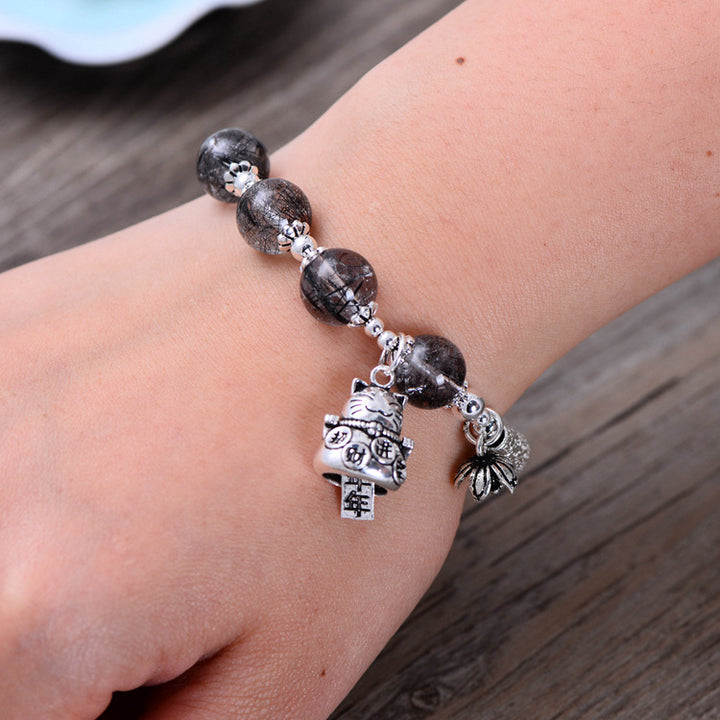 925 Sterling Silver Lucky Cat Bracelet – Vintage Hair Crystal Gem Jewelry