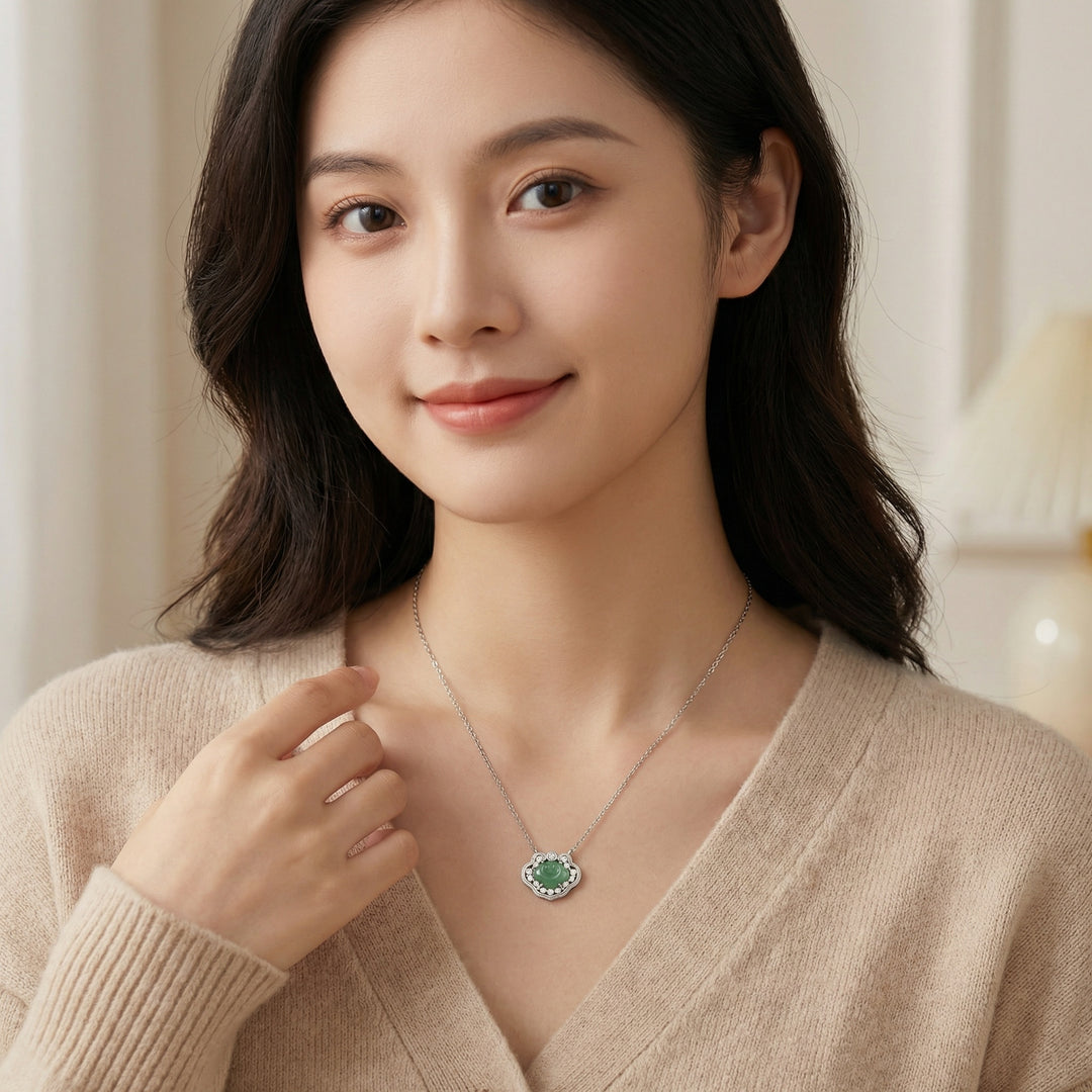 925 Sterling Silver Elegant Green Jade Ruyi Pendant Necklace with Shimmering Stone Accents