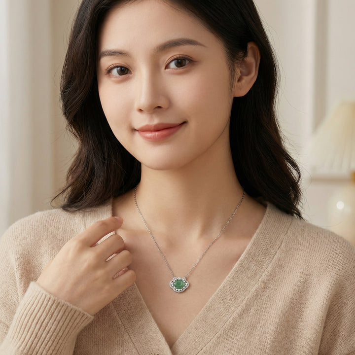 925 Sterling Silver Elegant Green Jade Ruyi Pendant Necklace with Shimmering Stone Accents