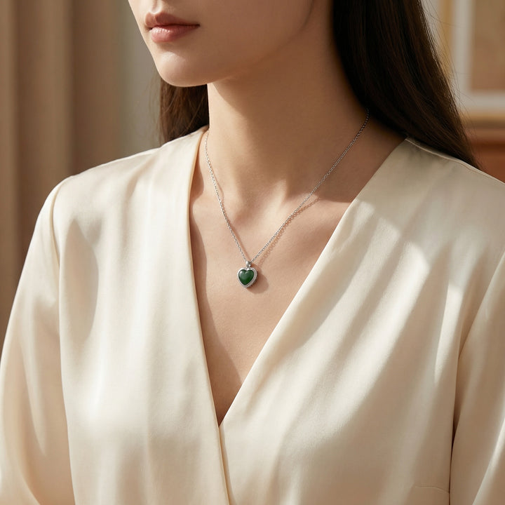 925 Sterling Silver Elegant Heart-Shaped Dark Green Jade Pendant Necklace with Diamond Accents