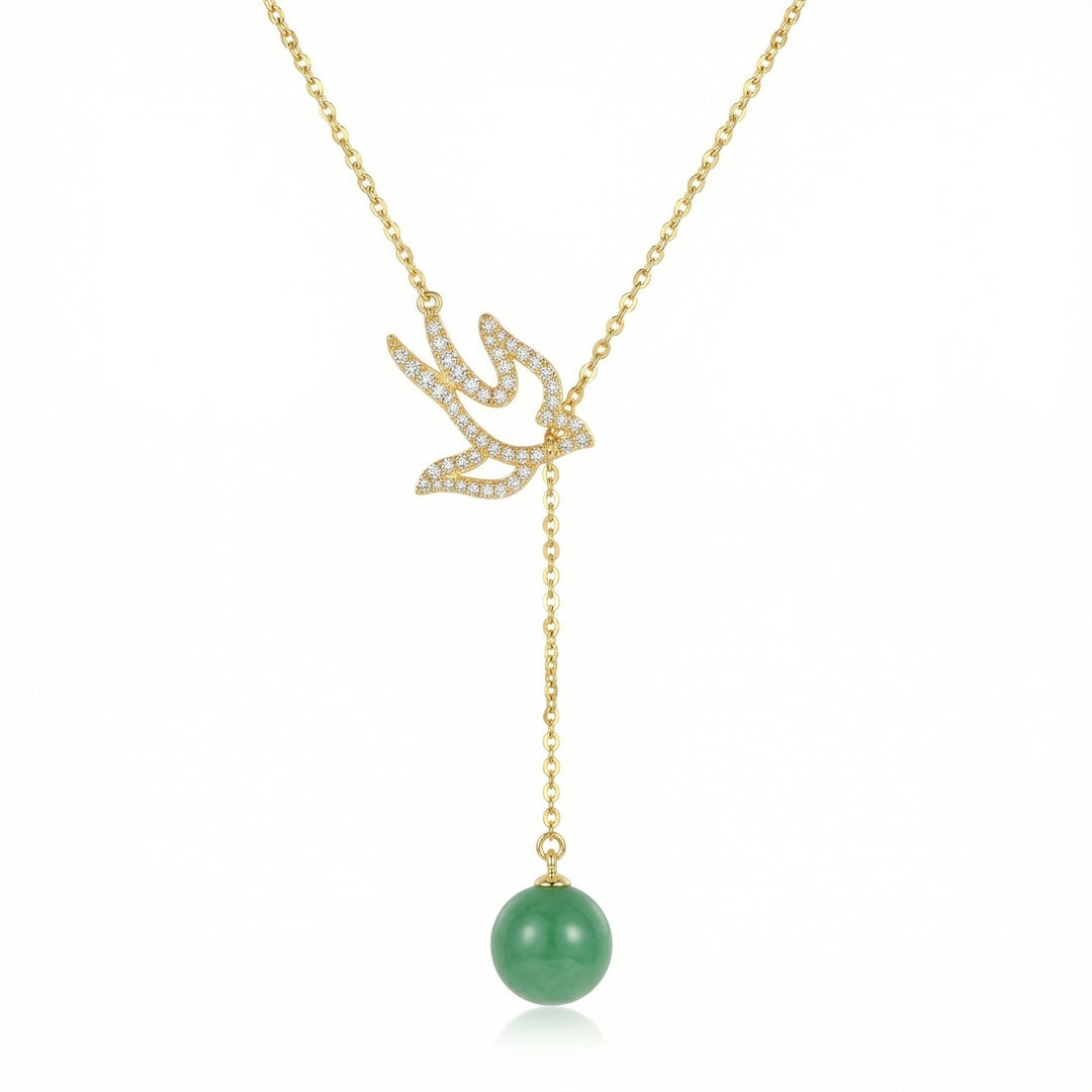 ✨ 925 Sterling Silver Sparkling Diamond Swallow Necklace with Elegant Green Jade Bead Drop ✨