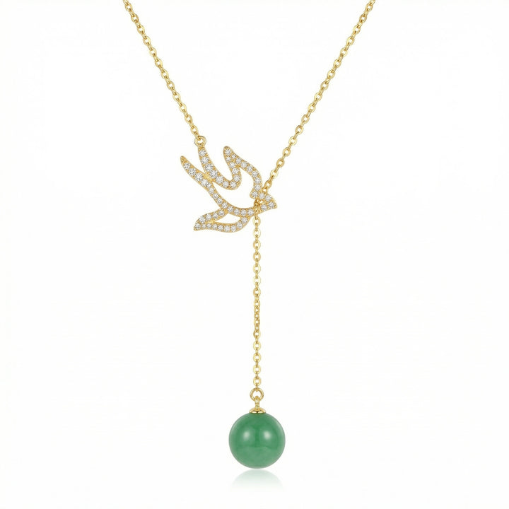 ✨ 925 Sterling Silver Sparkling Diamond Swallow Necklace with Elegant Green Jade Bead Drop ✨