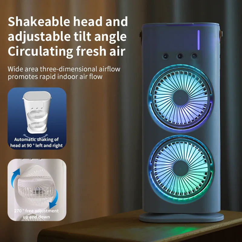 🌬️💧 Double-Head Spray Fan Humidifier | Portable Air Cooler & Mist Fan ❄️✨
