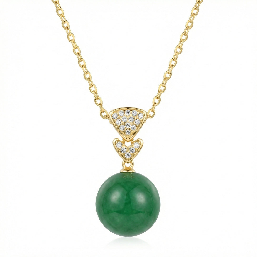 925 Sterling Silver Radiant Green Jade Orb Necklace – Geometric Diamond Accents