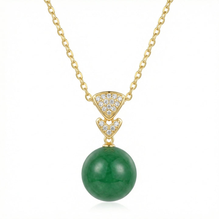 925 Sterling Silver Radiant Green Jade Orb Necklace – Geometric Diamond Accents