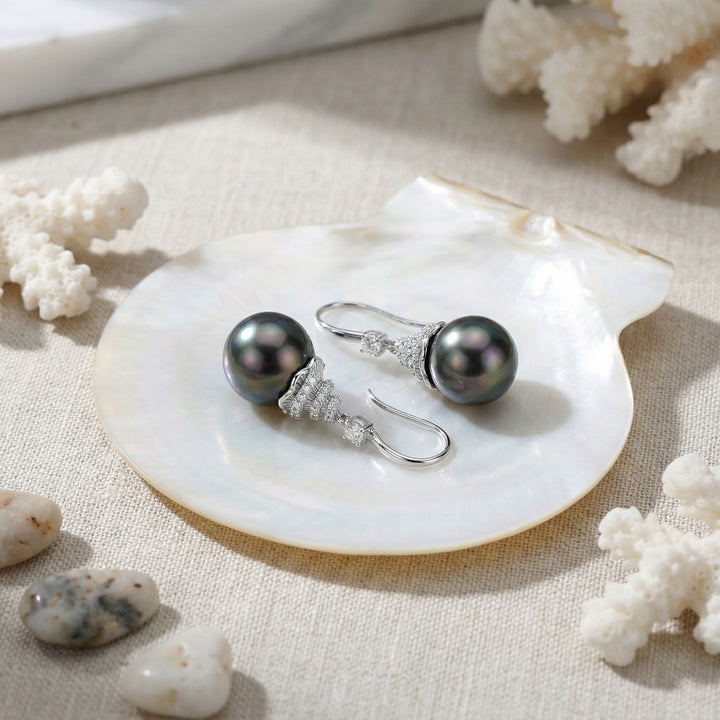✨ 925 Sterling Silver Tahitian Black Pearl Drop Earrings with Diamond Spiral Accents