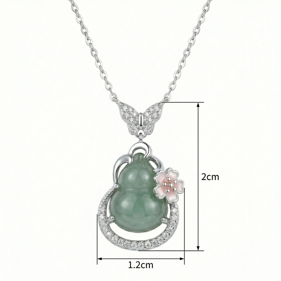 925 Sterling Silver Green Jade Gourd Necklace – Butterfly Bail & Pink Blossom Pendant