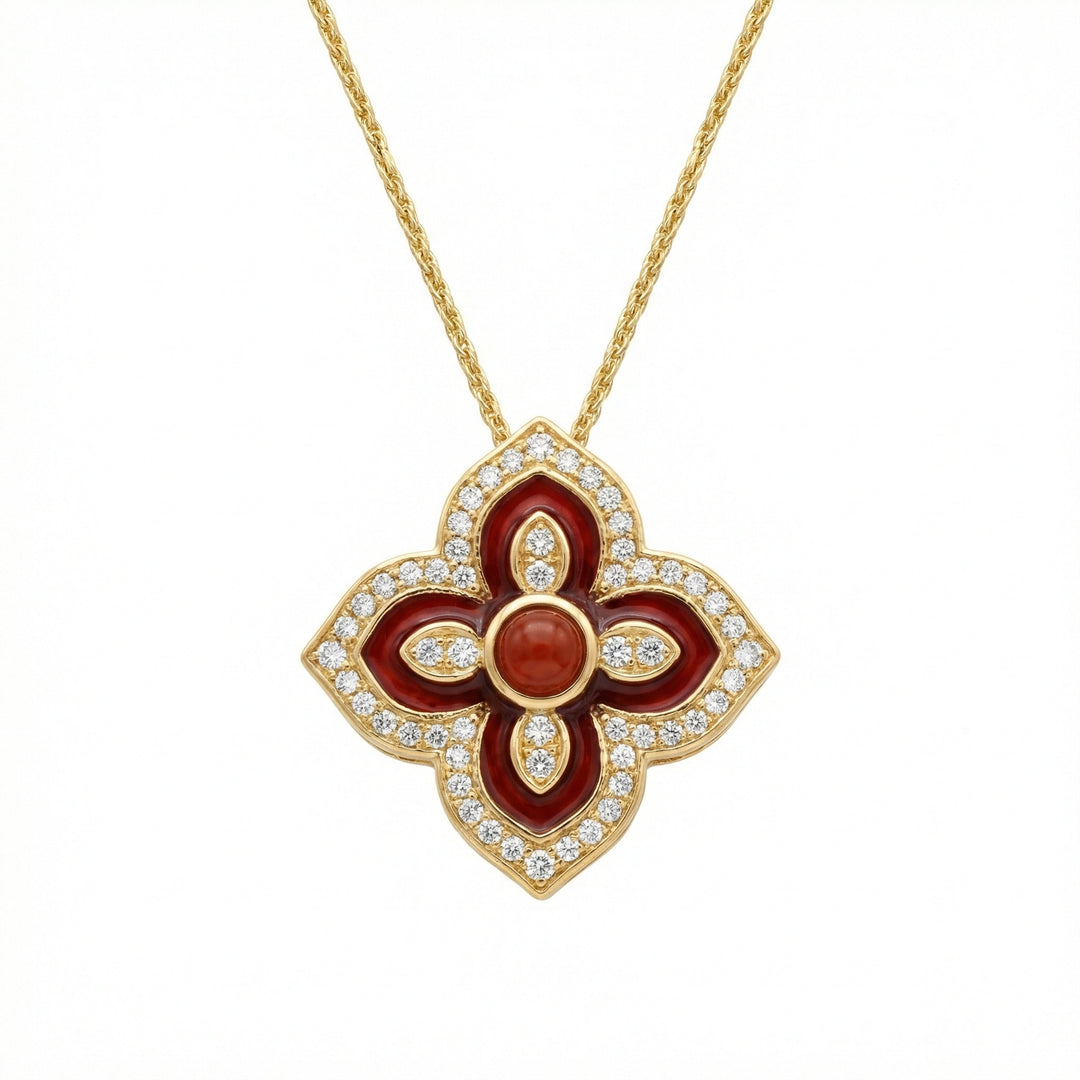925 Sterling Silver Radiant Red Enamel and Diamond Quatrefoil Pendant Necklace