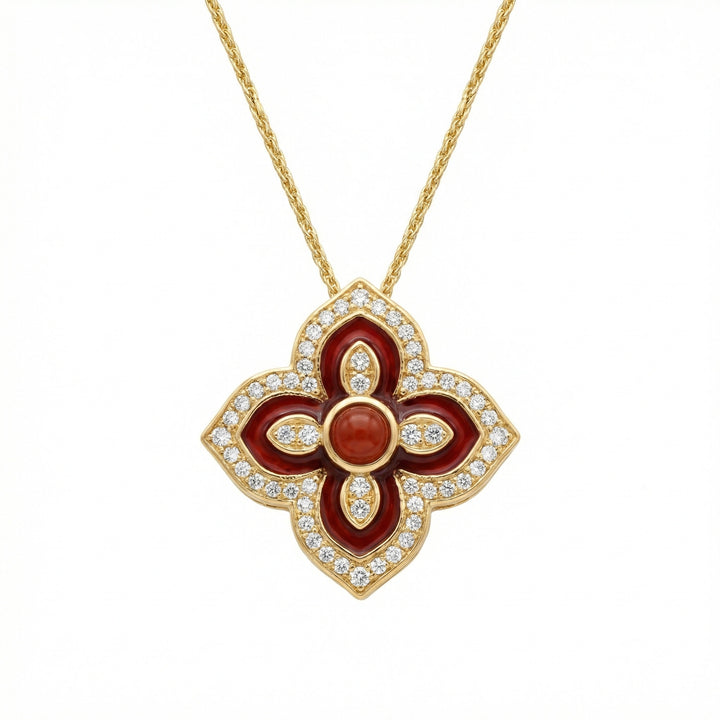 925 Sterling Silver Radiant Red Enamel and Diamond Quatrefoil Pendant Necklace