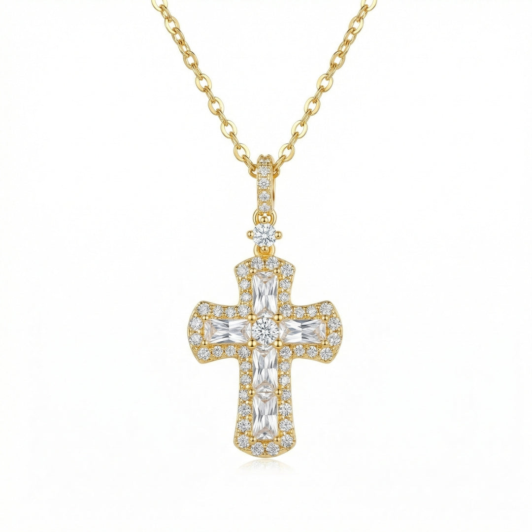 ✨ 925 Sterling Silver Baguette and Round Cut Cross Pendant Necklace in Radiant Finish