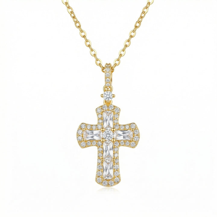 ✨ 925 Sterling Silver Baguette and Round Cut Cross Pendant Necklace in Radiant Finish