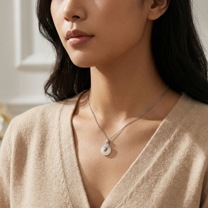 925 Sterling Silver White Jade Donut Necklace – Diamond-Accented Bail Pendant