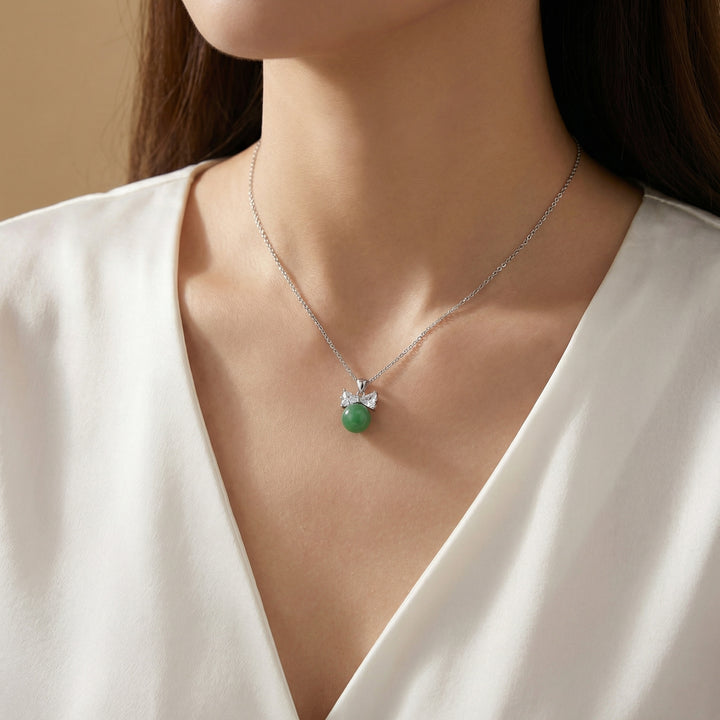 925 Sterling Silver Green Jade Sphere Necklace – Sparkling Bowknot Pendant